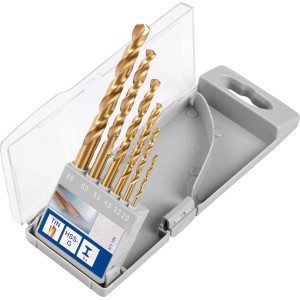 LUX TIN Spiralbohrer-Set Comfort, 6-teilig im grauen Kasten. Goldene Bohrer in verschiedenen Größen.