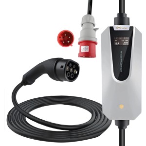 Junsun Typ 2 11KW tragbares EV-Ladegerät. Weißes Gehäuse, 5m Kabel, Typ 2 und CEE-Stecker. Zubehör für E-Autos.