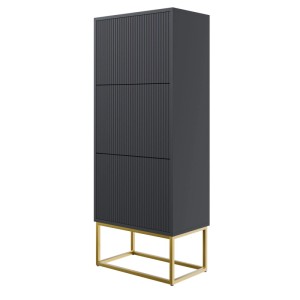 Selsey Schuhschrank Veldio, schwarz, mit Rillenfronten und goldfarbenem Gestell. Moderne Schuhkommode 50 cm breit.