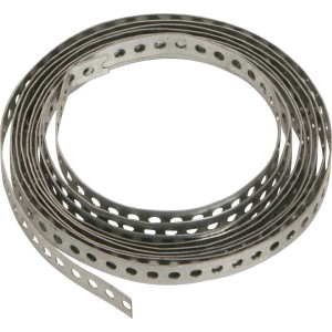 Aufgerolltes, verzinktes Lochband (12mm x 3m) für Holzkonstruktionen.