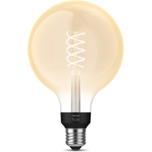 Philips Hue LED-Lampe E27 White Filament G125, warmweißes Licht, dimmbar.