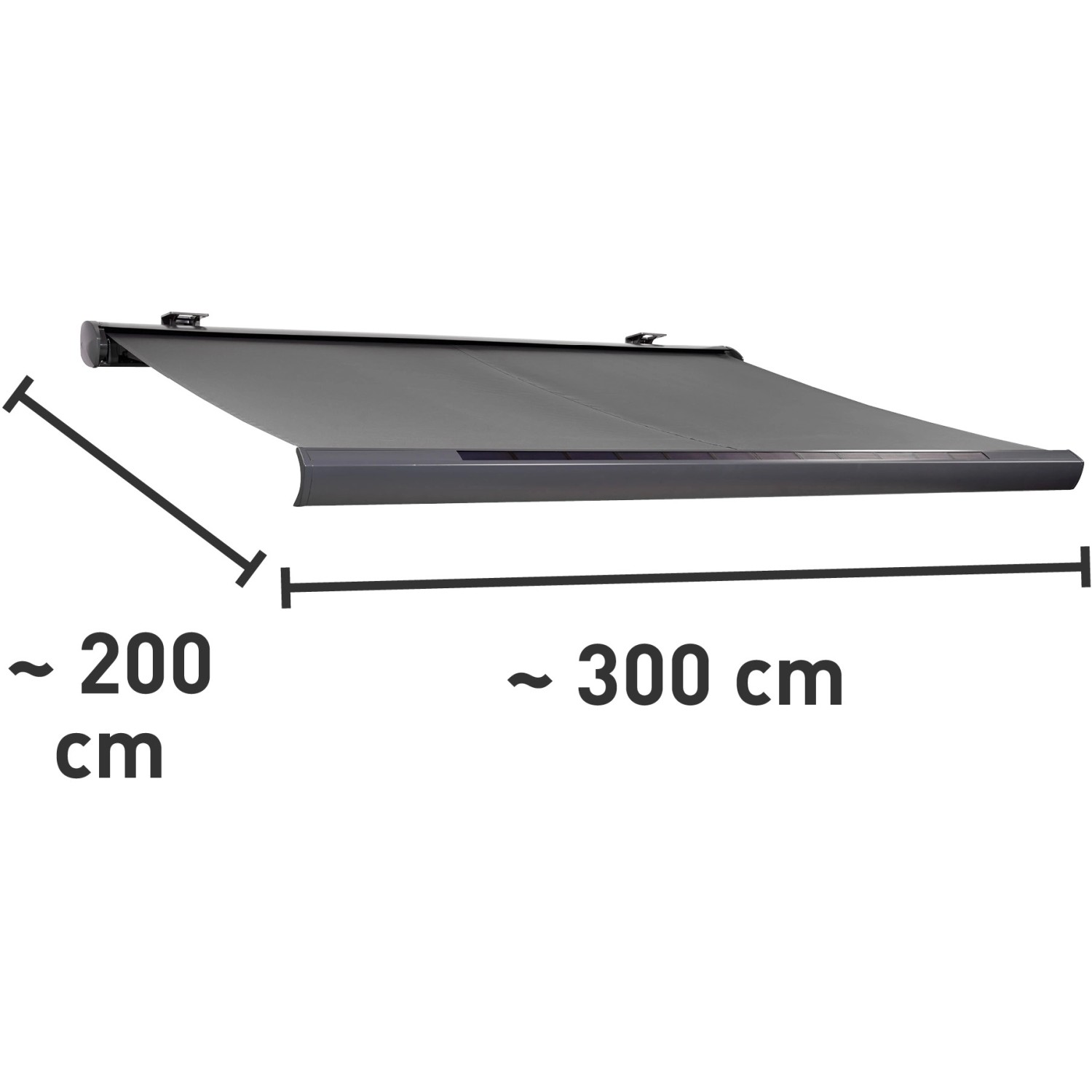 Anthrazitfarbene Kassettenmarkise Maraca 3x2 m, solarbetrieben, mit Maßangaben.