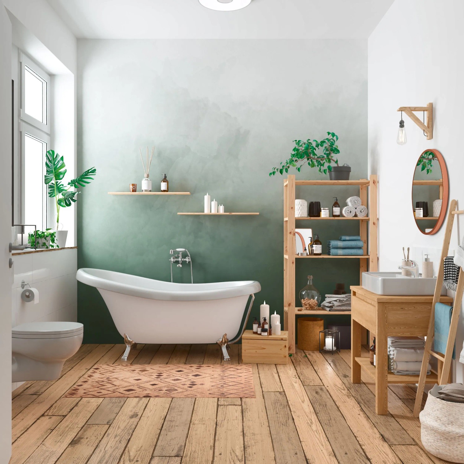 Badezimmer mit Wandfarbe in Piniengrün von CREATE! by OBI, matte Oberfläche.
