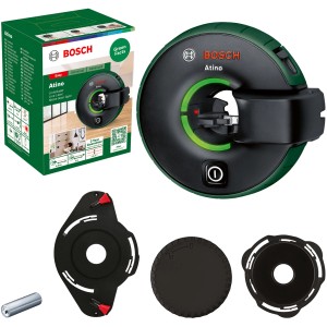 Bosch Atino All-in-One Linienlaser mit Zubehör und Verpackung. Prüfwerkzeug zum Ausrichten und Messen.