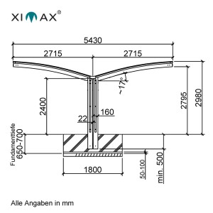 Technische Zeichnung: Ximax Carport Portoforte-60 Y-Ausführung, Mattbraun, Maße und Fundamentdetails.