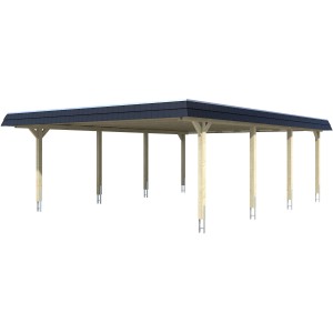 Skan Holz Doppelcarport Wendland Natur mit Alu-Dach und schwarzer Blende. Carport mit Holzpfosten.