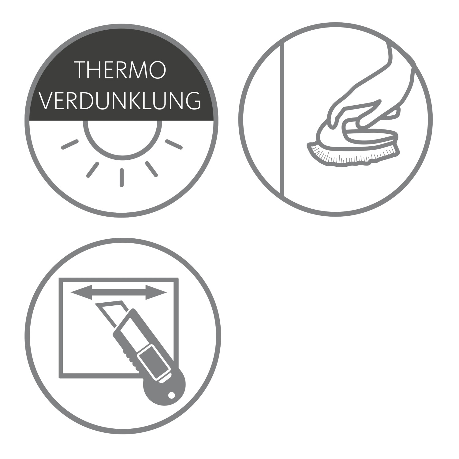 Piktogramme für Thermo-Rollo: Verdunklung, Reinigung, Zuschnitt.