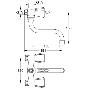 Grohe QuickFix Costa Trend Brausebatterie mit zwei Griffen und Maßangaben.