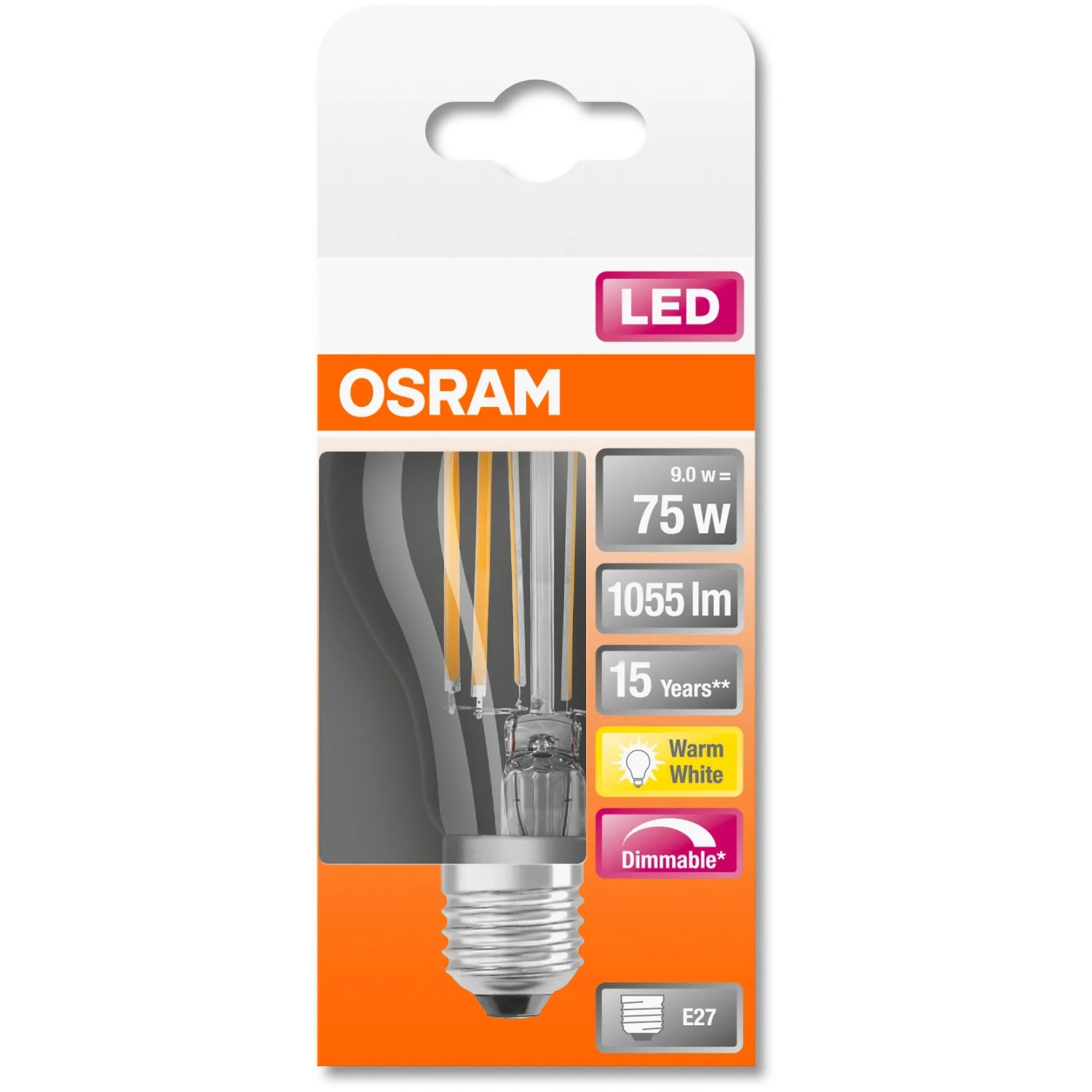 Osram LED-Lampe E27 in Glühlampenform, 7,8W, 1055lm, dimmbar, warmweiß.