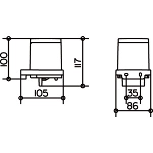 Technische Zeichnung Keuco Seifenspender Collection Moll, Maße: Höhe 117 mm, Ausladung 105 mm.