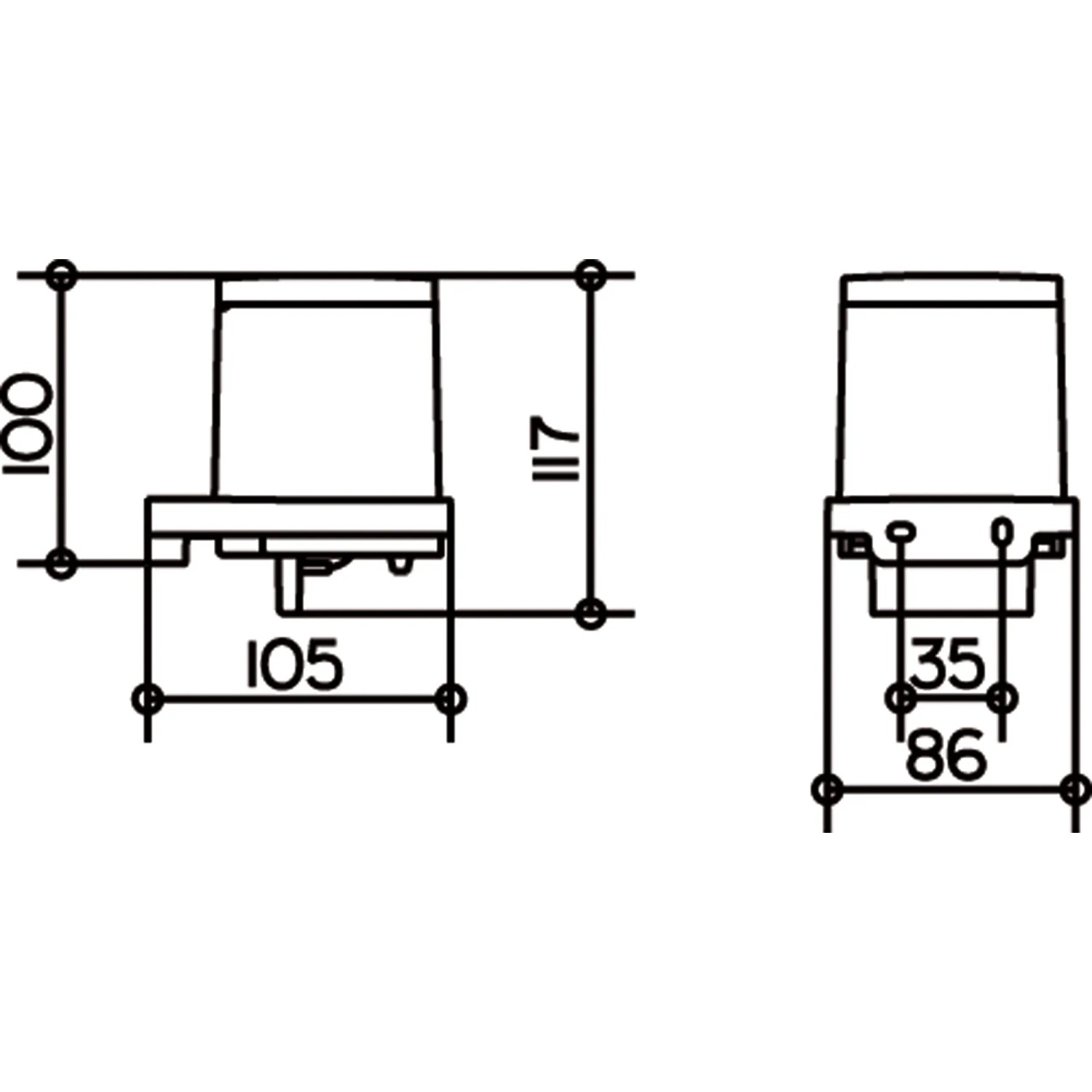 Technische Zeichnung Keuco Seifenspender Collection Moll, Maße: Höhe 117 mm, Ausladung 105 mm.