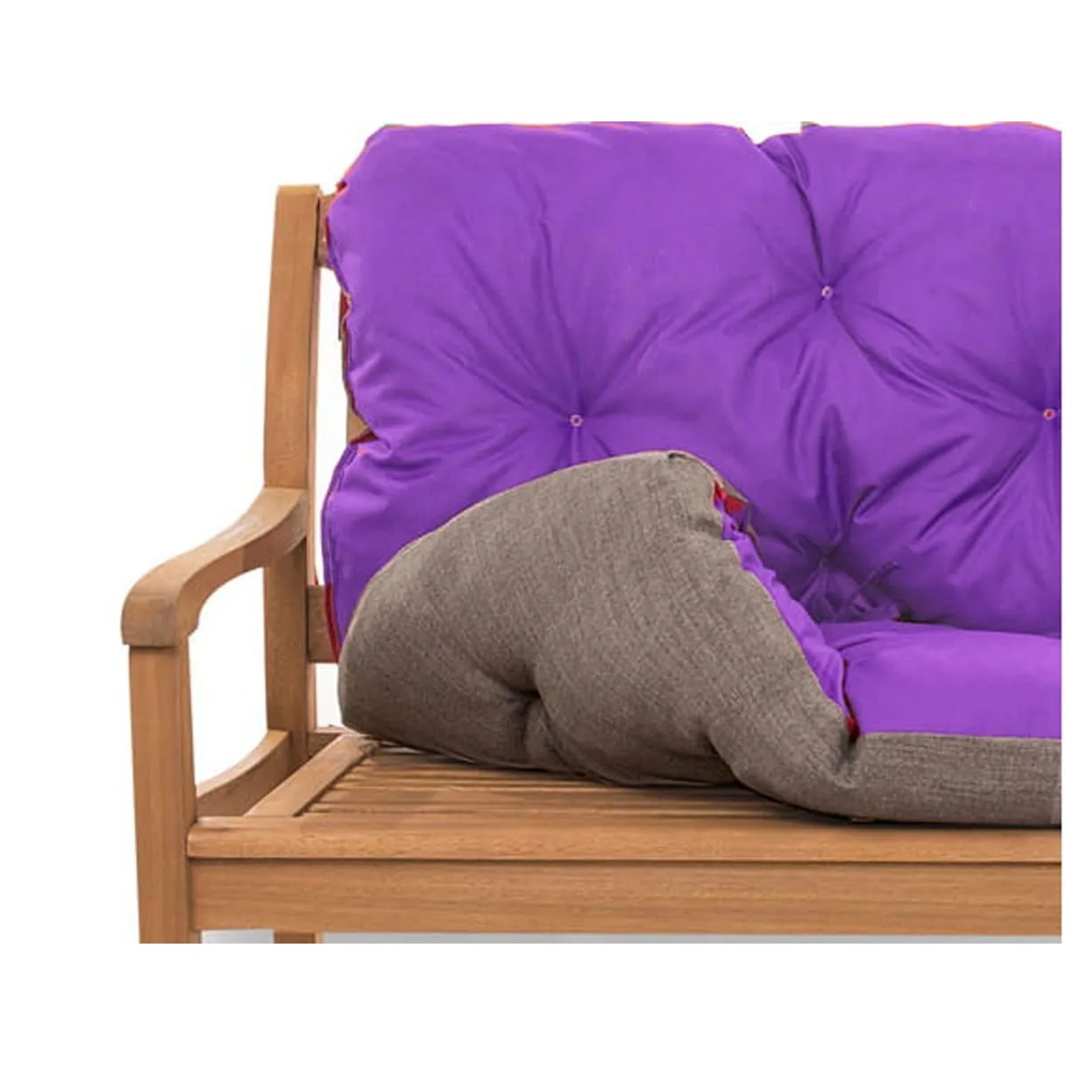 Violette Setgarden Bankauflage für 2-Sitzer Gartenbänke. Gestepptes Outdoor Sitz- und Rückenkissen auf Holzbank.