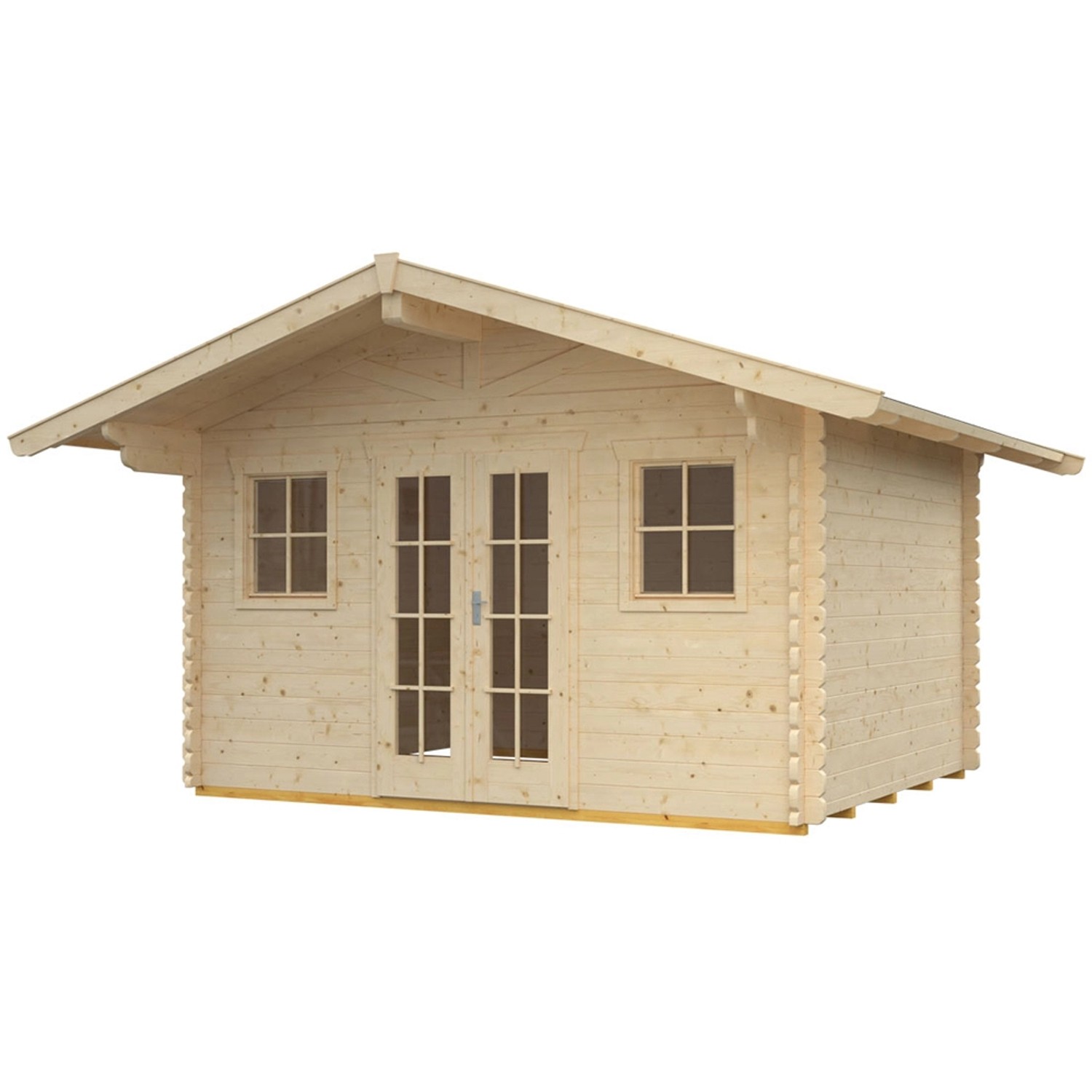 Skan Holz Gartenhaus Davos 1 Natur, 380x300 cm, aus unbehandeltem Holz mit Doppeltür und zwei Fenstern.