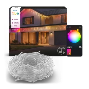 Philips Hue Festavia smarte Eiszapfen Lichterkette, 8,5 m, 250 LEDs. Zeigt auf Hausfassade mit Farbverläufen und App.