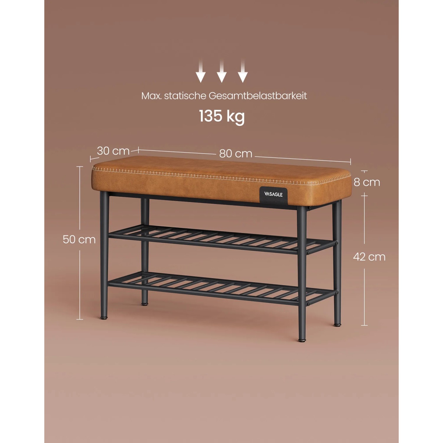 Braune Vasagle Schuhbank (80x30x50cm) mit zwei Ablagen für Schuhe.