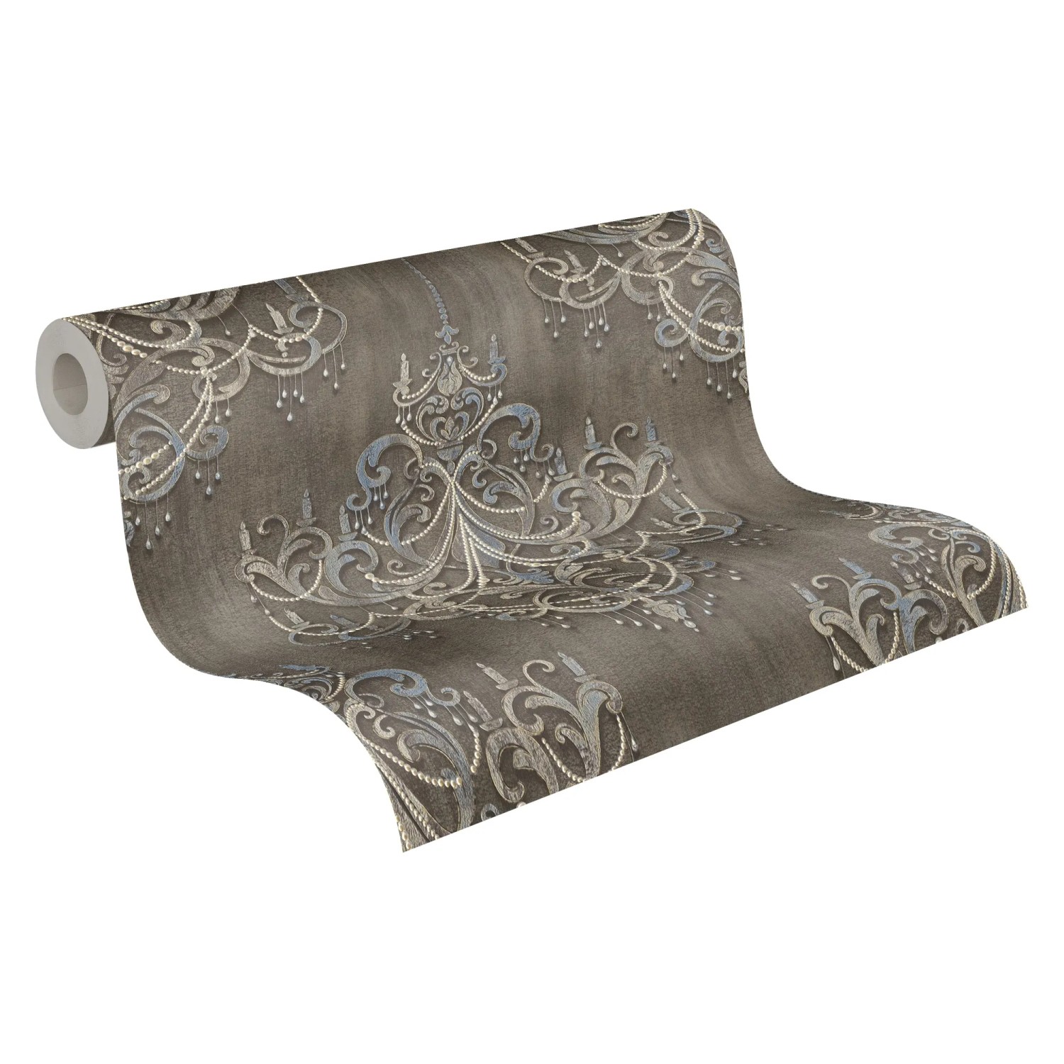 Vliestapete braun-blau mit Barock Kronleuchter Muster, Rolle.