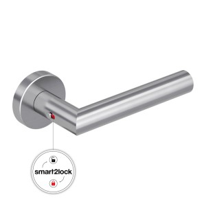 Novadoors Türgriffgarnitur Nova Mio Smart2Lock aus Edelstahl, rechts, mit integrierter Verriegelungsanzeige.
