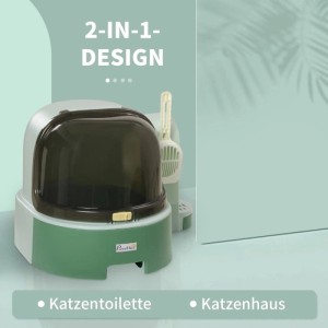 PawHut Katzentoilette in Grün-Grau, geschlossen mit transparenter Tür und Streuschaufel. Modernes Katzenklo.