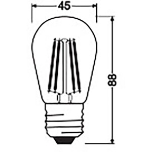 Osram LED-Filament Lampe E27, 4,8W, extrawarm, mit Maßangaben (Höhe 8,8cm, Breite 4,5cm).