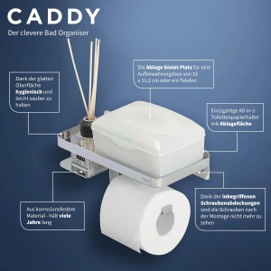 Tiger Caddy Toilettenpapierhalter Chrom mit Ablage für Feuchttücher, Duftstäbchen und Toilettenpapier.