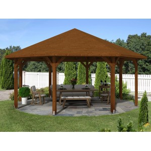 Skan Holz Pavillon Nice, 630x630 cm, Nussbaum, mit Massivholzdach und Leimholzkonstruktion. Gartenlaube mit Möbeln.