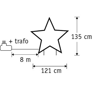 Skizze des Luca Lighting Gartensteckers Stern mit 150 LEDs, Maße: 135 x 121 cm, Kabellänge 8m.
