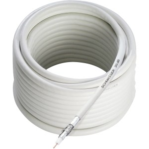 Aufgerolltes, weißes Schwaiger Koaxialkabel 90 dB, 10 m, für Antennen- und Kabelanschluss.