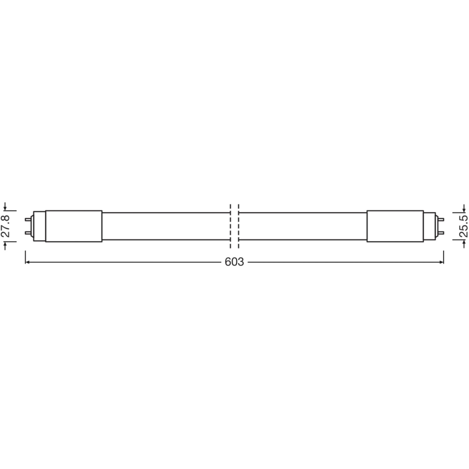 Abbildung einer Osram LED-Leuchtstofflampe, 60,3 cm, Kaltweiß, mit Maßangaben.
