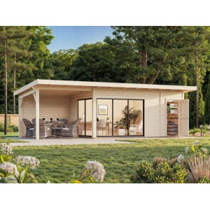 Hellbraunes Palmako Holz-Gartenhaus mit Pultdach und überdachter Terrasse. Ideal als Gartenpavillon oder Geräteschuppen.