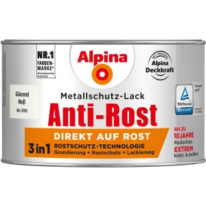 Dose Alpina Metallschutz-Lack Anti-Rost Weiß glänzend, 300ml. Rostschutzgrundierung, Lackierung in einem.