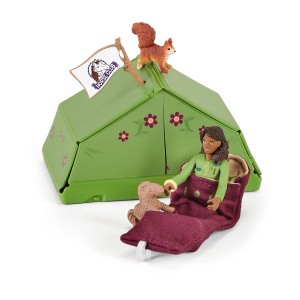Schleich Horse Club Sarahs Campingausflug mit Zelt, Spielfigur, Kuscheltier und Eichhörnchen.