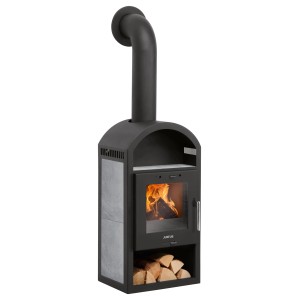 Justus Vegas Kaminofen, Keramik Grau, 6 kW. Zeitbrandofen mit Holz und Warmhaltezone.