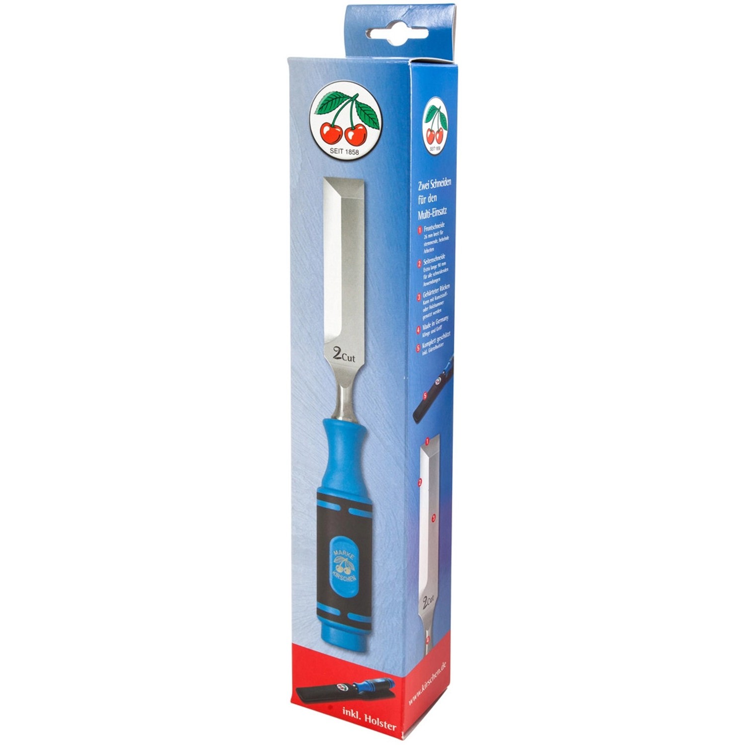 Kirschen Multi-Beitel 2 Cut 26 mm in Verpackung mit blau-schwarzem Griff und Holster.
