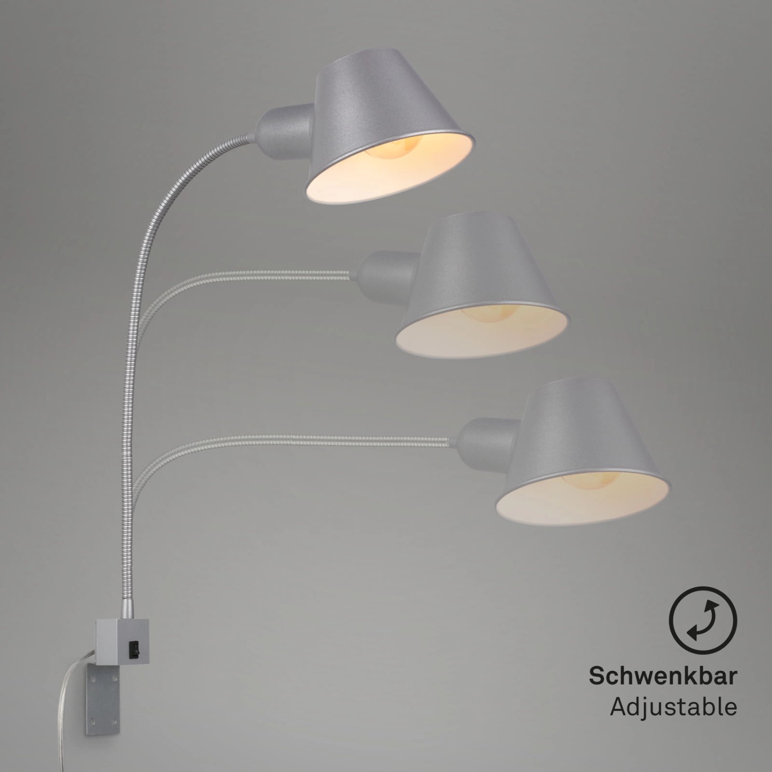 Schwenkbare, chrom-matte Briloner Bettleuchte mit Schalter, flexibel einstellbar.