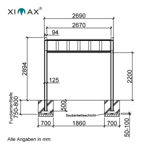 Technische Zeichnung Ximax Einzelcarport My-Port 7: Maße und Fundamentdetails für den Carport.