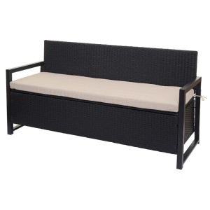 Anthrazitfarbene MCW Poly-Rattan 3er Sitzbank mit beigen Kissen. Gartenmöbel mit Stauraum.