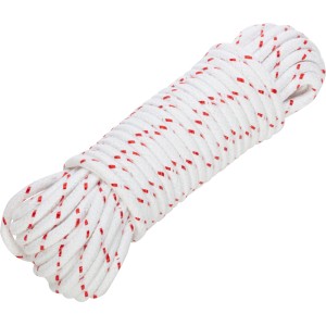 Weiße Schotleine aus Polyester, Ø 12 mm, mit roten Markierungen, aufgerollt.