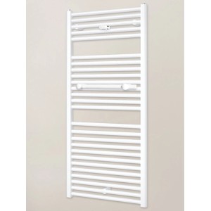 Weißer Schulte Design-Heizkörper Köln mit Handtuchhalter und unterem Anschluss.