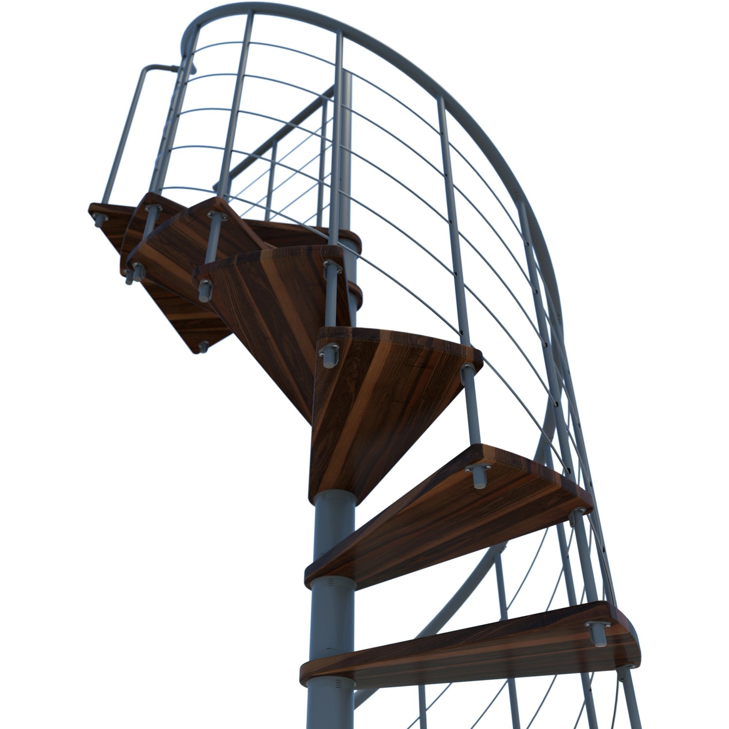 Minka Spindeltreppe Venezia Smart, Walnuss-Holzstufen, graues Metallgeländer, spiralförmig.