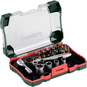 Metabo Bitbox mit 26-teiligem Ratschenset, diverse Bits, Steckschlüssel und Ratsche im grünen Koffer.