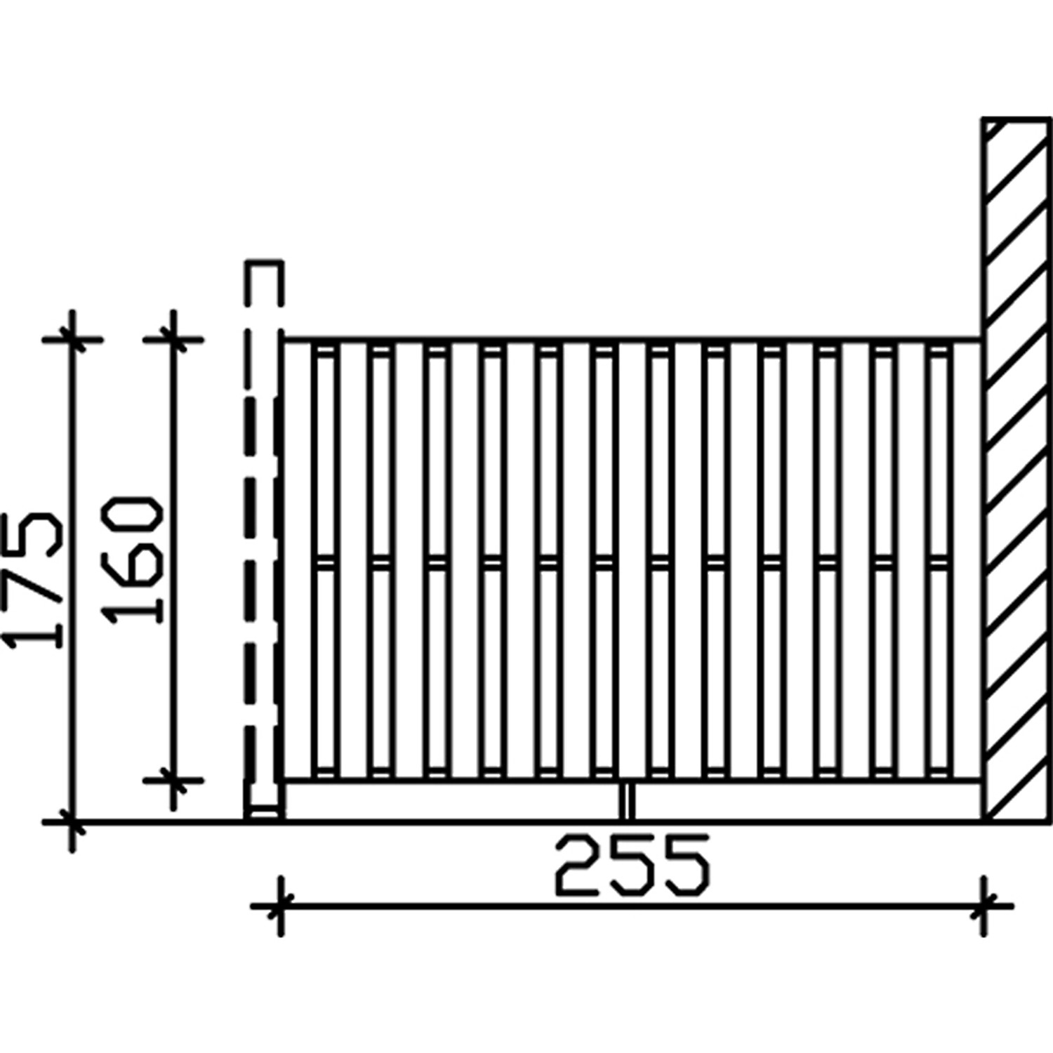 Technische Zeichnung der Skan Holz Seitenwand Deckelschalung, 255x160cm, Douglasie Nussbaum.