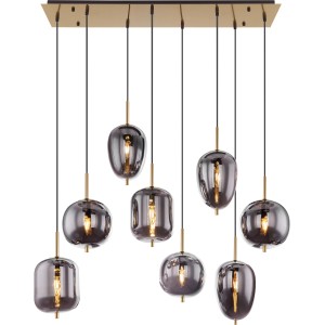 Globo Pendelleuchte Blacky I, 8-flammig, messingfarben mit rauchfarbenen Glasschirmen.