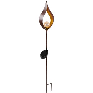 LED-Solarspieß Rosty Flamme: Dekorative Gartenleuchte in Rostoptik mit Glaskugel und Erdspieß.