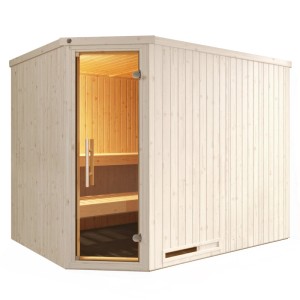 Weka Elementsauna Varberg 4 GT Trend mit Glastür und hellem Fichtenholz.