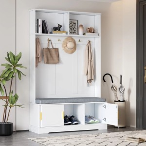okwish Garderobenständer mit Schuhbank 6 Dreifach-Haken Flur 120x191x40cm Weiß