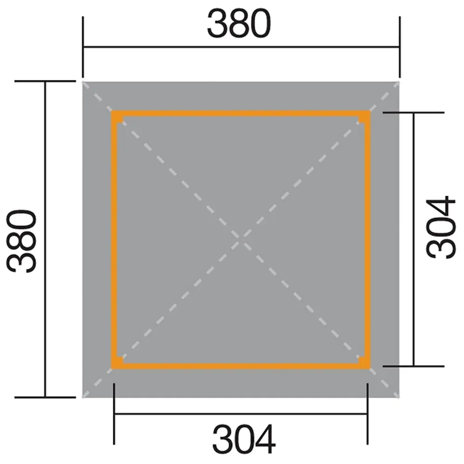 Grundriss der Weka Gartenoase 651 (380x380 cm) mit Maßangaben.