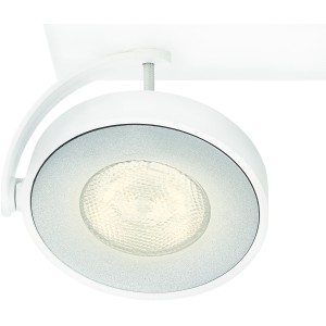 Detailaufnahme: Weißer Philips LED-Spot Clockwork, 4-flammig, mit warmweißem Licht.