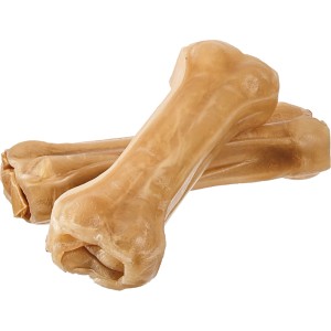 Zwei helle Primox Kauknochen (14 cm) aus Rinderhaut für Hunde.