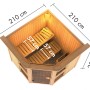 Karibu Sauna Anina 2, naturbelassen, mit Kranz und Ofen, Draufsicht mit Maßen. Massivholzsauna für entspannte Saunagänge.