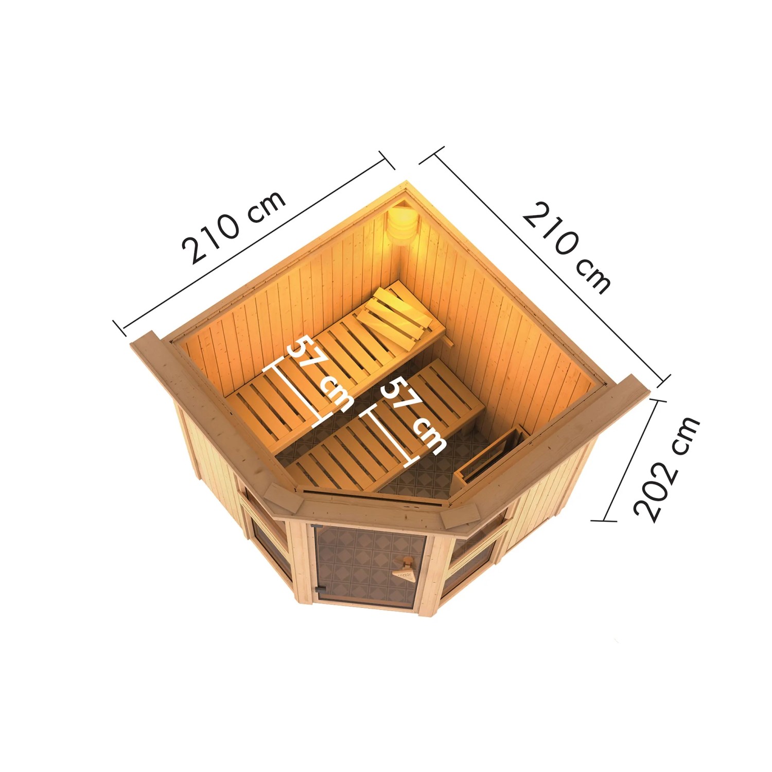 Karibu Sauna Anina 2, naturbelassen, mit Kranz und Ofen, Draufsicht mit Maßen. Massivholzsauna für entspannte Saunagänge.